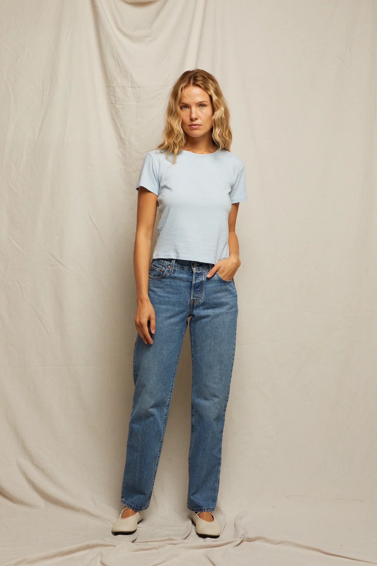 Lisa Recycled Cotton Vintage Fitted Crew in Sky Blue