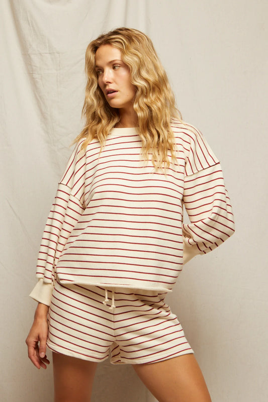 Niall Stripe French Terry 3/4 Crewneck Sweatshirt in Red Stripe